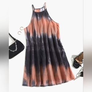 ROMWE Black and Coral Tie-Dye Halter Swing Dress